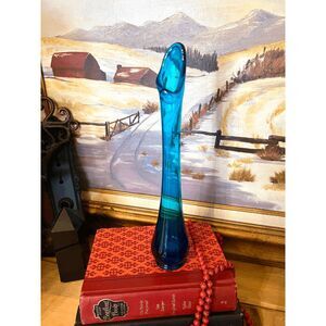 Vintage Viking Glass Vase Bluenique Blue Swung Bud Vase 11.5 Inch Tall Mid Centu